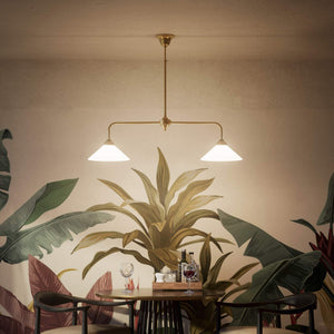 Brass chandelier with two cone-shaped white glass shades, minimalist and adjustable design for interiors by Ghidini 1849 - Finish: OBS Bronze Satin Brass