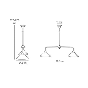 Brass chandelier with two cone-shaped white glass shades, minimalist and adjustable design for interiors by Ghidini 1849