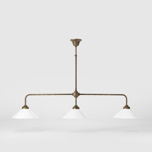 Balance pendant three lights in brass with cone-shaped white glass shades, minimalist horizontal structure, Sofia collection by Ghidini 1849 | Finish: OAS Antique Brass