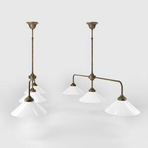 Balance pendant three lights in brass with cone-shaped white glass shades, minimalist horizontal structure, Sofia collection by Ghidini 1849 | Finish: OAS Antique Brass