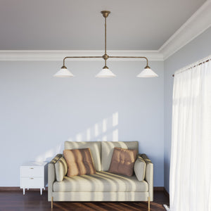 Balance pendant three lights in brass with cone-shaped white glass shades, minimalist horizontal structure, Sofia collection by Ghidini 1849 | Finish: OAS Antique Brass