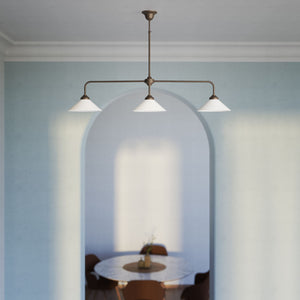 Balance pendant three lights in brass with cone-shaped white glass shades, minimalist horizontal structure, Sofia collection by Ghidini 1849 | Finish: OBM Bronze Satin Matt Brass