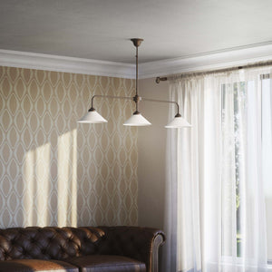 Balance pendant three lights in brass with cone-shaped white glass shades, minimalist horizontal structure, Sofia collection by Ghidini 1849 | Finish: OBM Bronze Satin Matt Brass