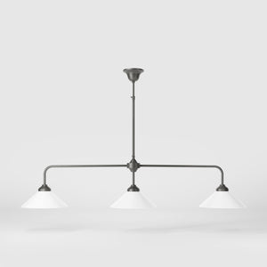 Balance pendant three lights in brass with cone-shaped white glass shades, minimalist horizontal structure, Sofia collection by Ghidini 1849 | Finish: OBR Dark Bronze