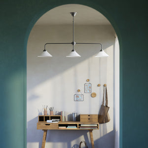 Balance pendant three lights in brass with cone-shaped white glass shades, minimalist horizontal structure, Sofia collection by Ghidini 1849 | Finish: OBR Dark Bronze