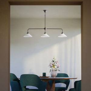 Balance pendant three lights in brass with cone-shaped white glass shades, minimalist horizontal structure, Sofia collection by Ghidini 1849 | Finish: OBR Dark Bronze