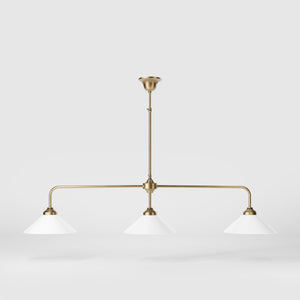Balance pendant three lights in brass with cone-shaped white glass shades, minimalist horizontal structure, Sofia collection by Ghidini 1849 | Finish: OBS Bronze Satin Brass