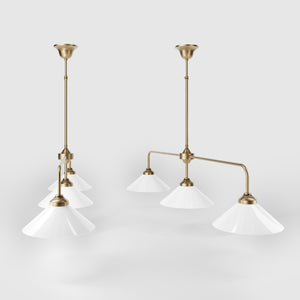 Balance pendant three lights in brass with cone-shaped white glass shades, minimalist horizontal structure, Sofia collection by Ghidini 1849 | Finish: OBS Bronze Satin Brass