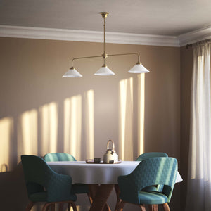 Balance pendant three lights in brass with cone-shaped white glass shades, minimalist horizontal structure, Sofia collection by Ghidini 1849 | Finish: OBS Bronze Satin Brass