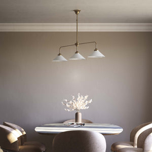 Balance pendant three lights in brass with cone-shaped white glass shades, minimalist horizontal structure, Sofia collection by Ghidini 1849 | Finish: OBS Bronze Satin Brass