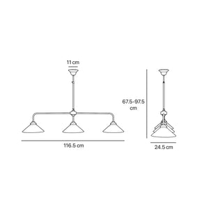 Balance pendant three lights in brass with cone-shaped white glass shades, minimalist horizontal structure, Sofia collection by Ghidini 1849