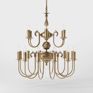 Majestic brass chandelier with two-tier design and 18 lights, elegant details Made in Italy by Ghidini 1849 - Finish: OBS Bronze Satin Brass
