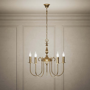 Classic five-light brass chandelier with intertwined arms and lamp holders decorated with dripping wax pattern by Ghidini 1849 - Finish: OBS Bronze Satin Brass