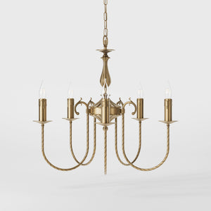Classic five-light brass chandelier with intertwined arms and lamp holders decorated with dripping wax pattern by Ghidini 1849 - Finish: OBS Bronze Satin Brass