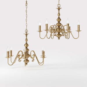 Flemish brass chandelier with 6 lights, elegant curved arms, classic design, Made in Italy - Finish: OBS Bronze Satin Brass