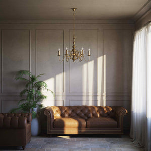 Flemish brass chandelier with 6 lights, elegant curved arms, classic design, Made in Italy - Finish: OBS Bronze Satin Brass