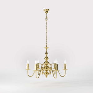 Flemish brass chandelier with 6 lights, elegant curved arms, classic design, Made in Italy - Finish: OLV Polished Brass