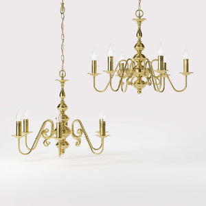 Flemish brass chandelier with 6 lights, elegant curved arms, classic design, Made in Italy - Finish: OLV Polished Brass