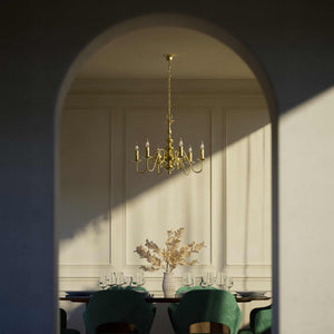 Flemish brass chandelier with 6 lights, elegant curved arms, classic design, Made in Italy - Finish: OLV Polished Brass
