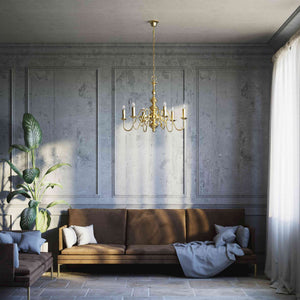 Flemish brass chandelier with 6 lights, elegant curved arms, classic design, Made in Italy - Finish: OLV Polished Brass