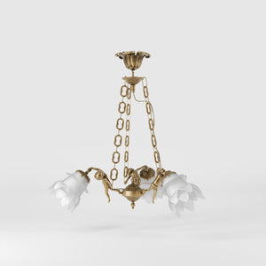 Art Nouveau chandelier with dancing brass putti and three frosted glass shades, decorated chains, floral motif rosette by Ghidini 1849 - Finish: OBS Bronze Satin Brass