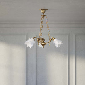 Art Nouveau chandelier with dancing brass putti and three frosted glass shades, decorated chains, floral motif rosette by Ghidini 1849 - Finish: OBS Bronze Satin Brass