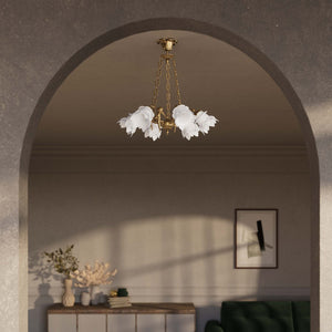 Art Nouveau chandelier with six brass putti and rose-shaped frosted glass shades, decorated chains and floral rosette by Ghidini 1849 - Finish: OBS Bronze Satin Brass