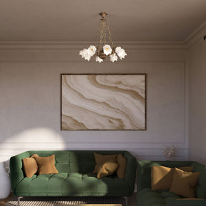 Art Nouveau chandelier with eight dancing brass putti, petal-shaped frosted glass shades, decorated chains and floral rosette by Ghidini 1849 - Finish: OAS Antique Brass