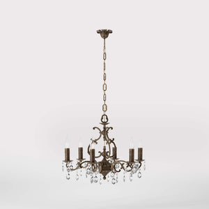 Baroque brass chandelier with six lights and crystal pendants by Ghidini 1849 - Finish: OAS Antique Brass