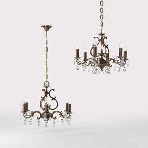 Baroque brass chandelier with six lights and crystal pendants by Ghidini 1849 - Finish: OAS Antique Brass