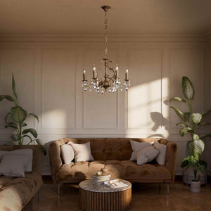 Baroque brass chandelier with six lights and crystal pendants by Ghidini 1849 - Finish: OAS Antique Brass