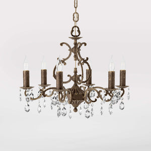 Baroque brass chandelier with six lights and crystal pendants by Ghidini 1849 - Finish: OAS Antique Brass