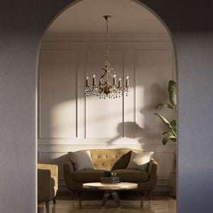 Baroque brass chandelier with six lights and crystal pendants by Ghidini 1849 - Finish: OBM Bronze Satin Matt Brass