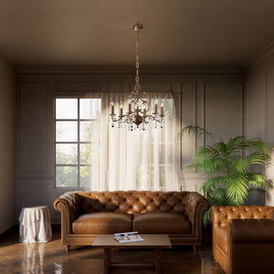 Baroque brass chandelier with six lights and crystal pendants by Ghidini 1849 - Finish: OBM Bronze Satin Matt Brass