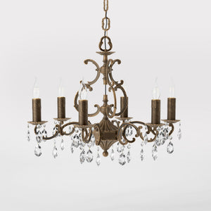 Baroque brass chandelier with six lights and crystal pendants by Ghidini 1849 - Finish: OBM Bronze Satin Matt Brass