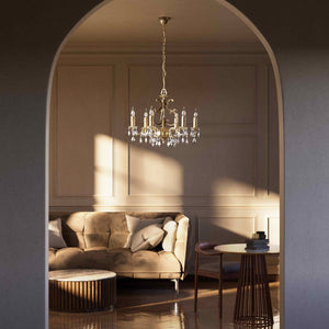 Baroque brass chandelier with six lights and crystal pendants by Ghidini 1849 - Finish: OBS Bronze Satin Brass