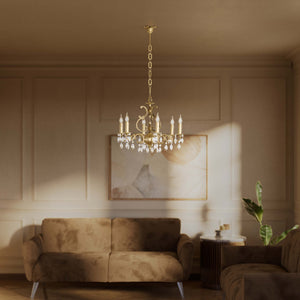 Baroque brass chandelier with six lights and crystal pendants by Ghidini 1849 - Finish: OBS Bronze Satin Brass