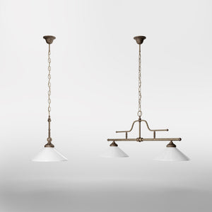 Brass pendant light with dual glossy white conical shades, classic-industrial style by Ghidini 1849 - Finish: OAS Antique Brass