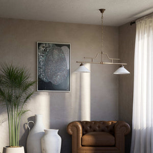 Brass pendant light with dual glossy white conical shades, classic-industrial style by Ghidini 1849 - Finish: OAS Antique Brass