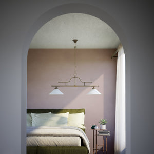 Brass pendant light with dual glossy white conical shades, classic-industrial style by Ghidini 1849 - Finish: OAS Antique Brass