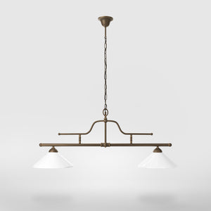 Brass pendant light with dual glossy white conical shades, classic-industrial style by Ghidini 1849 - Finish: OBM Bronze Satin Matt Brass