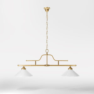 Brass pendant light with dual glossy white conical shades, classic-industrial style by Ghidini 1849 - Finish: OBS Bronze Satin Brass