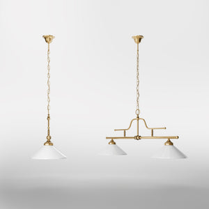 Brass pendant light with dual glossy white conical shades, classic-industrial style by Ghidini 1849 - Finish: OBS Bronze Satin Brass