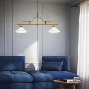 Brass pendant light with dual glossy white conical shades, classic-industrial style by Ghidini 1849 - Finish: OBS Bronze Satin Brass