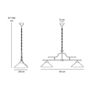 Brass pendant light with dual glossy white conical shades, classic-industrial style by Ghidini 1849
