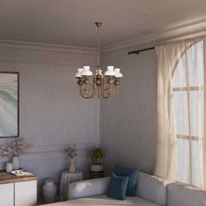 Nautical style chandelier five lights with white glass shades brass structure and maritime-inspired details by Ghidini 1849 - Finish: OAS Antique Brass