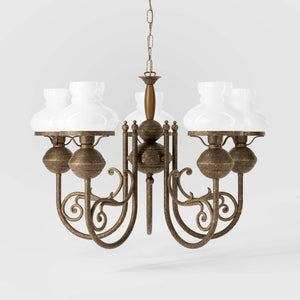 Nautical style chandelier five lights with white glass shades brass structure and maritime-inspired details by Ghidini 1849 - Finish: OAS Antique Brass