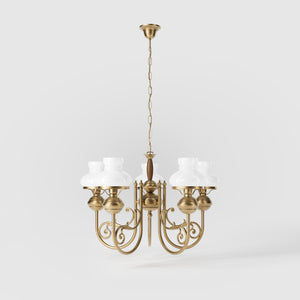 Nautical style chandelier five lights with white glass shades brass structure and maritime-inspired details by Ghidini 1849 - Finish: OBS Bronze Satin Brass