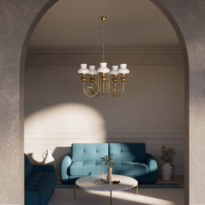 Nautical style chandelier five lights with white glass shades brass structure and maritime-inspired details by Ghidini 1849 - Finish: OBS Bronze Satin Brass