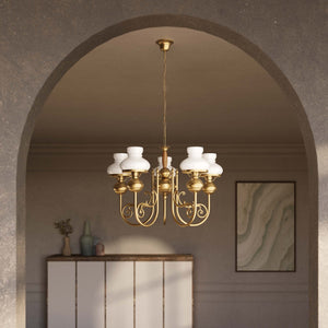 Nautical style chandelier five lights with white glass shades brass structure and maritime-inspired details by Ghidini 1849 - Finish: OBS Bronze Satin Brass